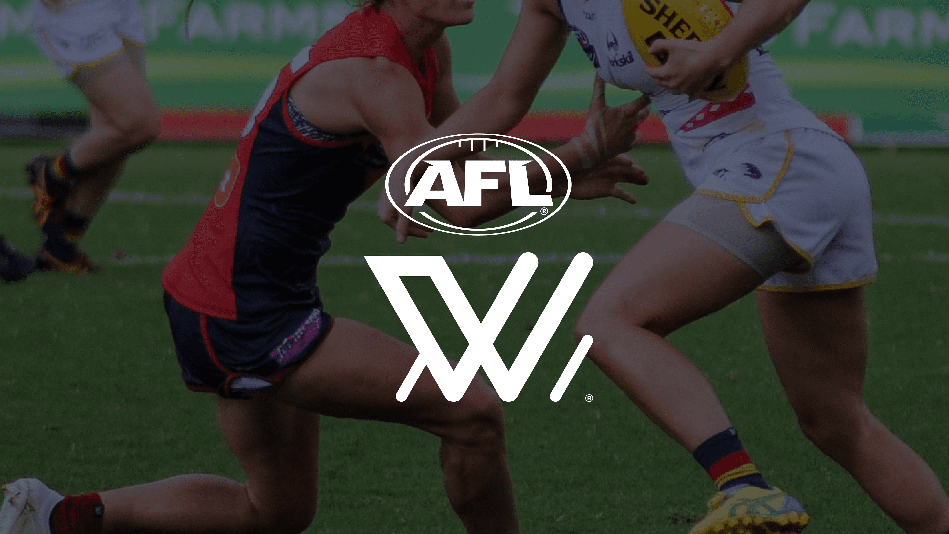 AFL logo in white with background of women players in a match