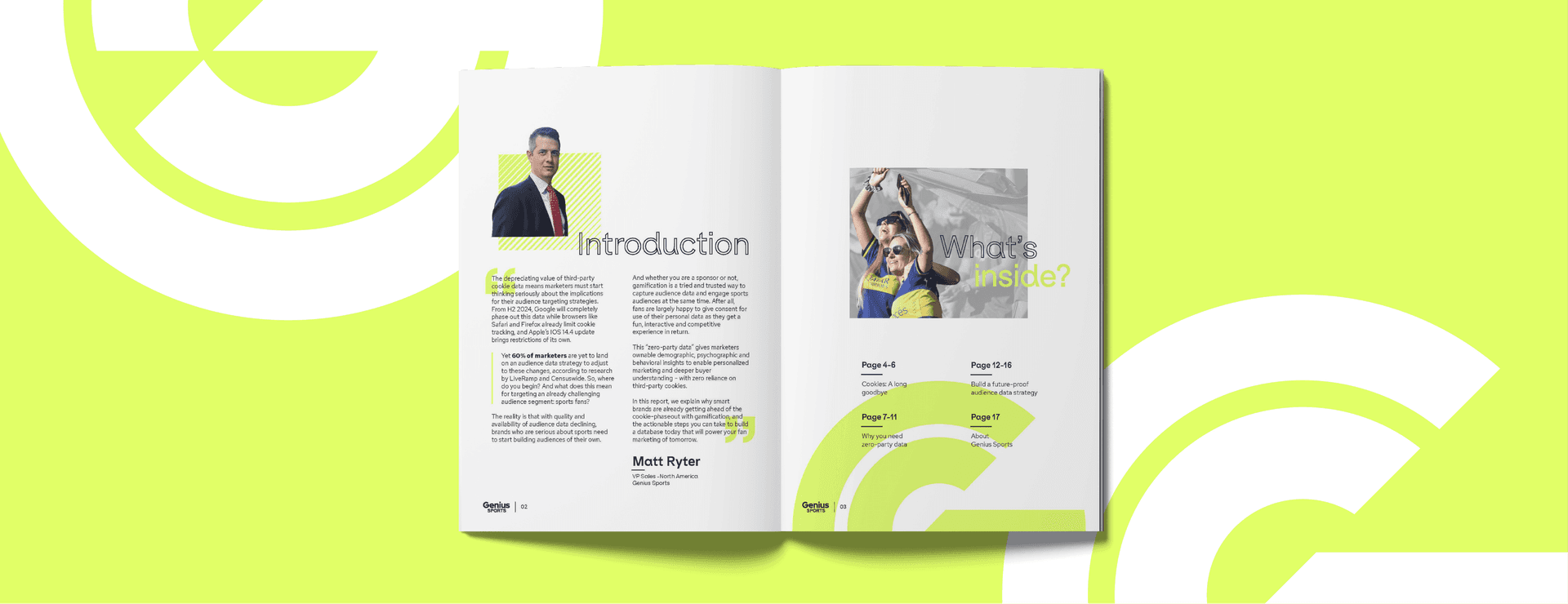 Introduction and table of contents page of the Genius Sports trade magazine